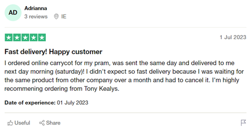 A Tony Kealys customer review on TrustPilot praising the same-day dispatch and delivery the next morning.